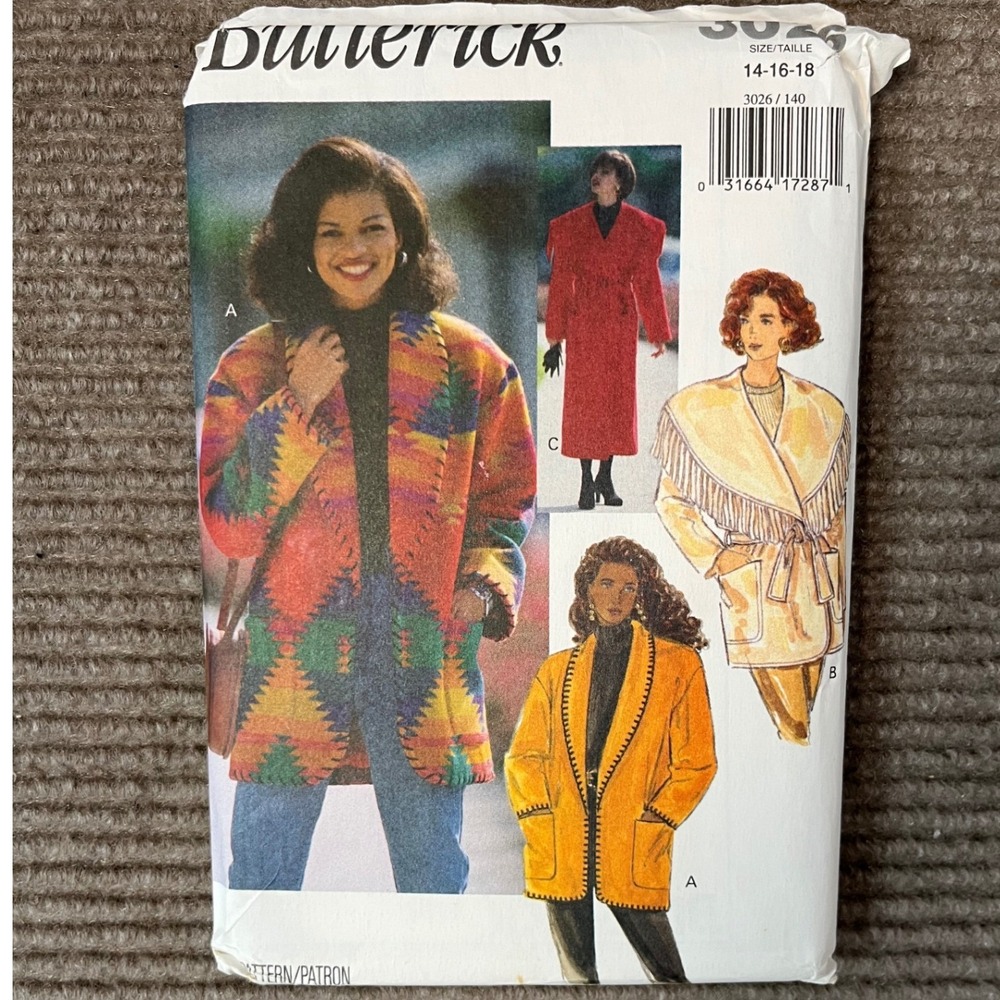 Vintage Butterick 3026 Sewing Pattern 90s Oversized Coat Jacket Fringe Sz 14-18